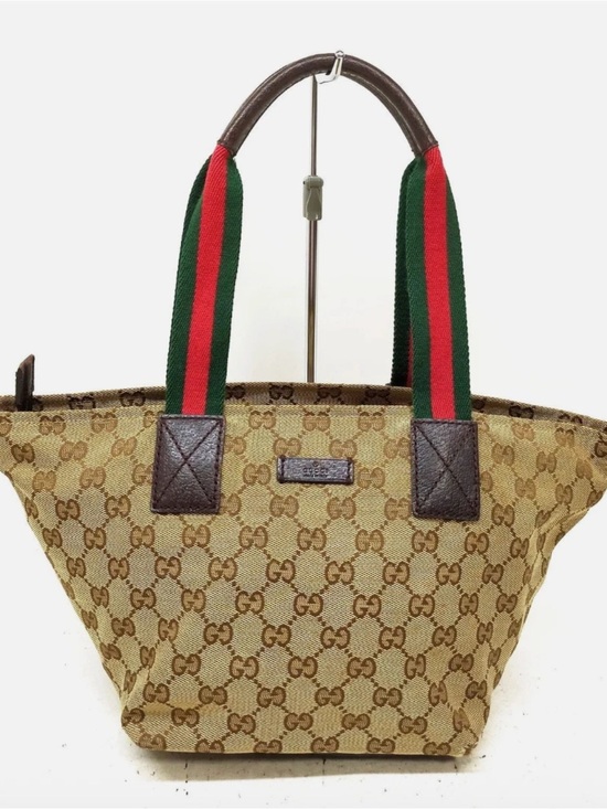 Gucci Handbags - Gucci Sherry Line Top Handle Brown Canvas Bag with Red and Green Stripe